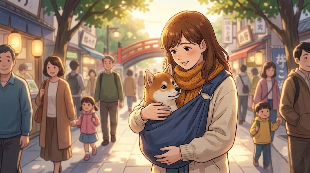 抱っこ散歩で安全に社会化期の経験を積む